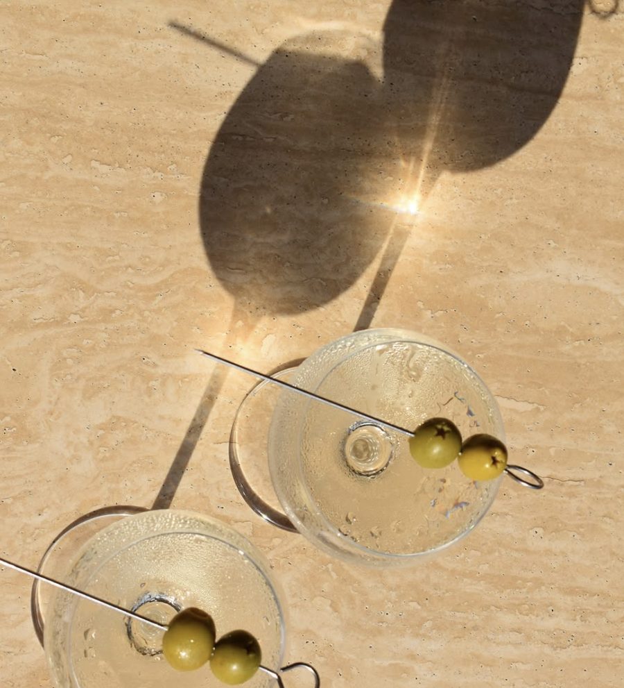 Martinis on a travertine table at Teja
